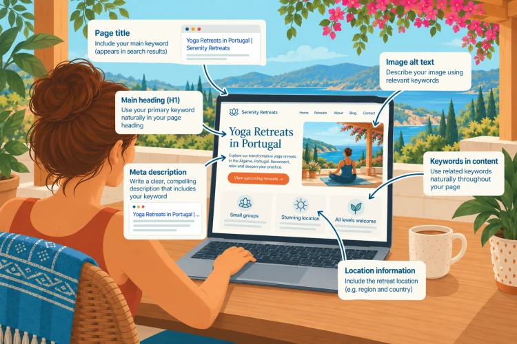 Step 8: Use your keywords naturally on your website Yoga retreat SEO: Give every keyword a natural home